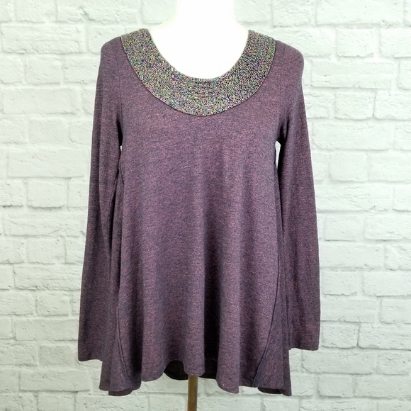 Altar'd State heather purple beaded neckline long sleeve top women's size S - Picture 3 of 8